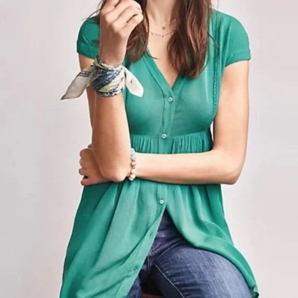 ANTHROPOLOGIE Vanessa virginia cream ladder lace tunic blouse button fro… - Picture 5 of 5